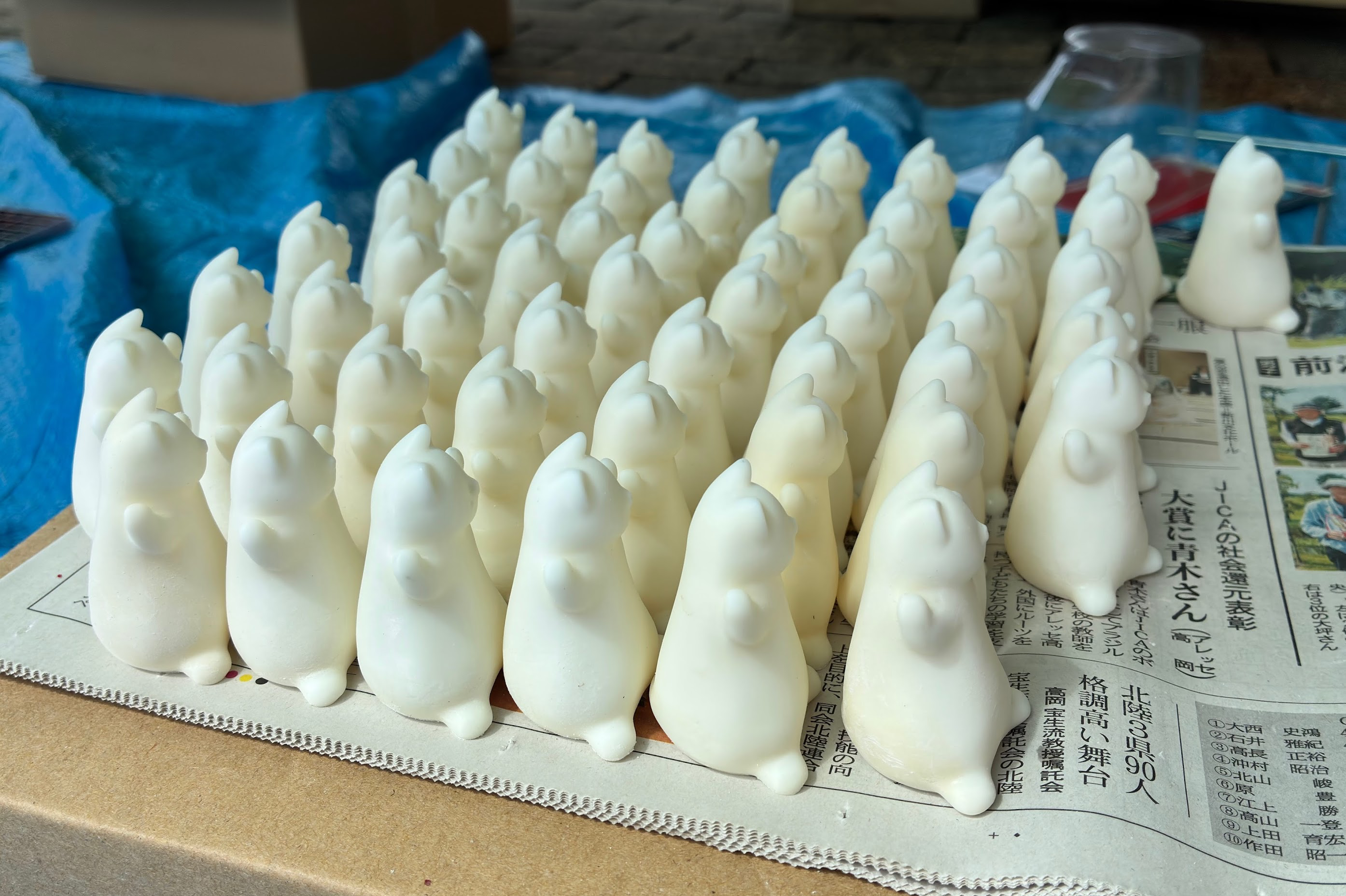 50個ぐらいのイヤサー猫が並んで、右を向いている